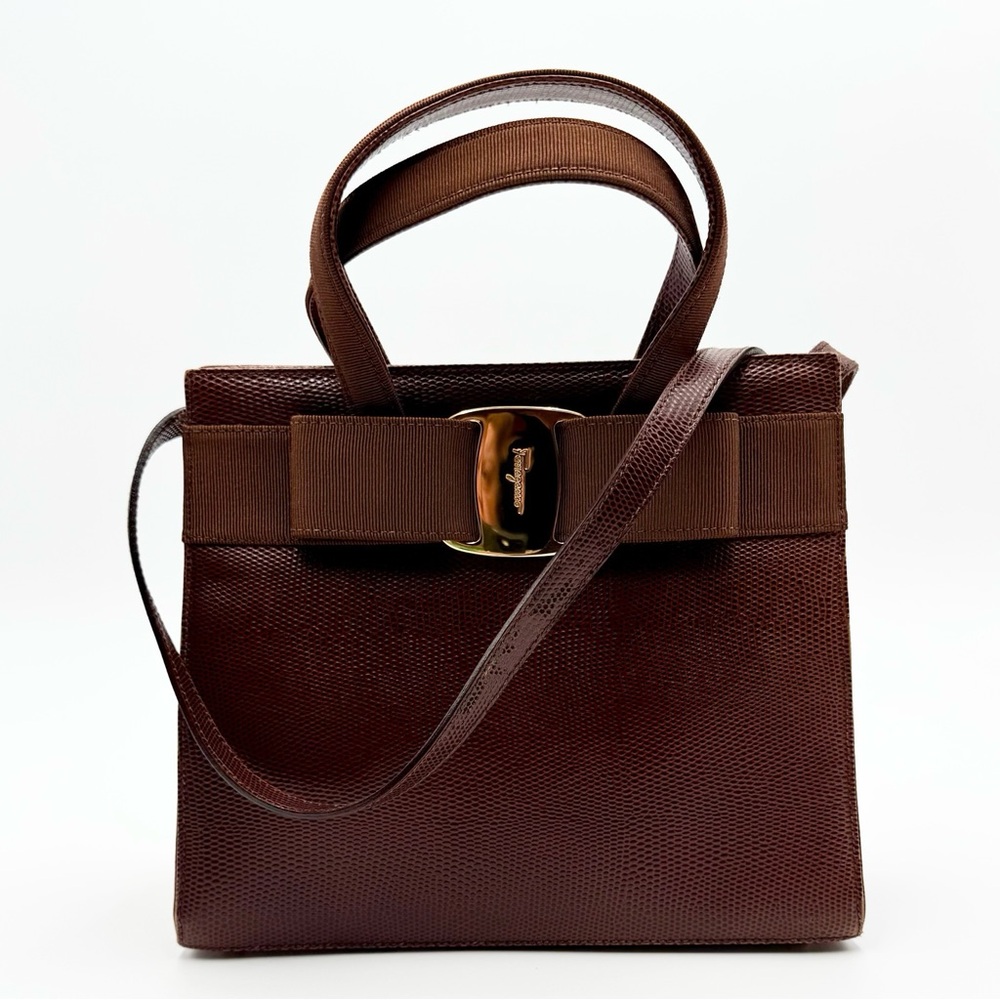 Salvatore Ferragamo Vara Ribbon Plate 2-WAY Bag 9.5 inch Brown Embossed Leather